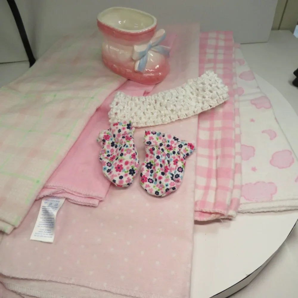 Baby Girl Pink Vintage Gift Set Ceramic Shoe Planter, (5) Blankets, Mittens